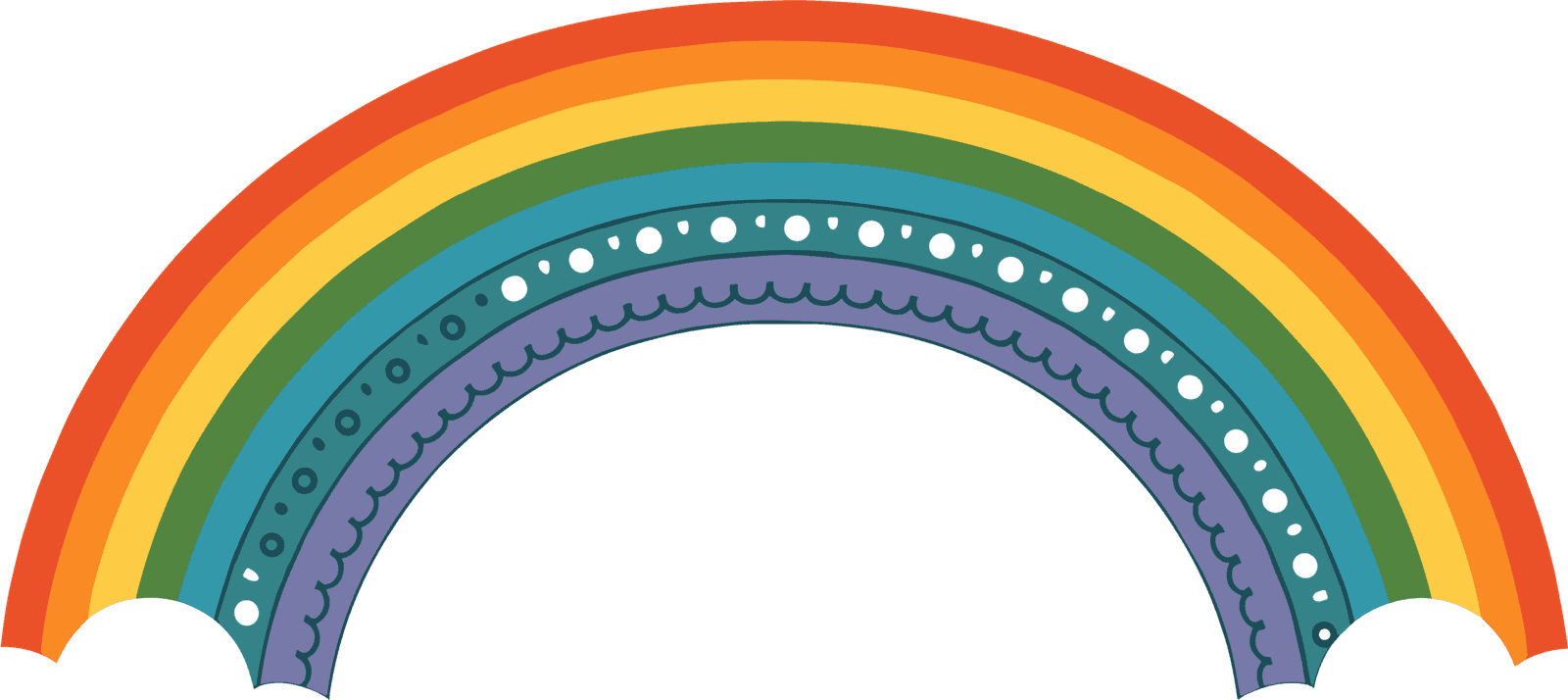 Illustration of a rainbow with six colorful arcs in red, orange, yellow, green, blue, and purple, featuring decorative patterns on the inner blue and purple bands.