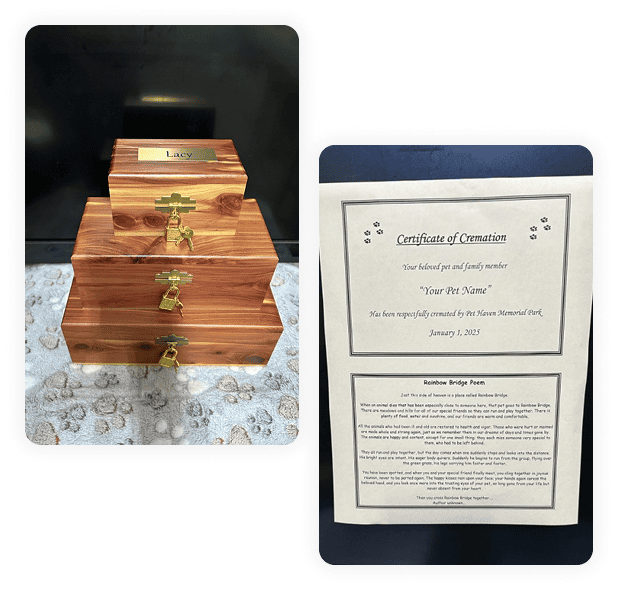 Three stacked wooden pet urns with gold nameplates and clasps are on a paw-print cloth. Next to them is a certificate of cremation with a printed poem and information about a pet’s cremation.